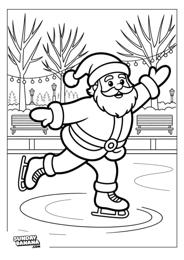 29-santa-christmas-coloring-page Santa Claus is smiling and ice skating outdoors, with one arm raised joyfully. He wears his classic hat and suit. Benches, bare trees, string lights, and lampposts line the background, suggesting a festive winter scene.