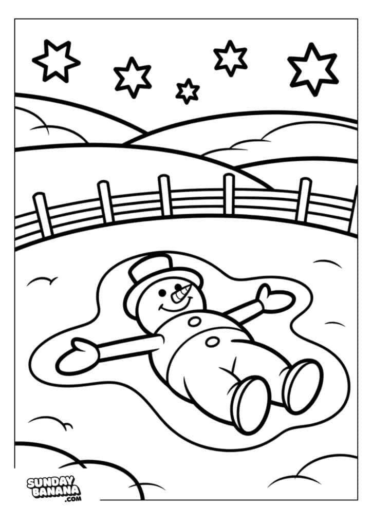 32-christmas-snowman-coloring-page A smiling snowman lies on the ground making a snow angel. There are hills, a fence, and large stars in the night sky. The scene is simple and cartoonish, with bold lines and no color. The URL sundaybanana.com appears in the bottom left corner.