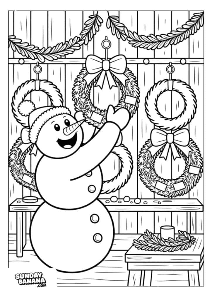 33-christmas-snowman-coloring-page A smiling snowman with a carrot nose and three buttons stands indoors, hanging a wreath with a bow on a wooden wall. Several wreaths and garlands decorate the background. A table holds more wreaths and a candle. The scene is festive and cheerful.