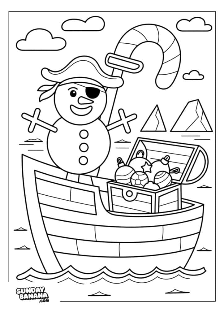 38-christmas-snowman-coloring-page A snowman dressed as a pirate, with an eye patch and hat, stands on a striped boat at sea. He smiles with arms wide, next to an open treasure chest filled with ornaments. Two icebergs and clouds are in the background. “SundayBanana.com” is in the lower left corner.