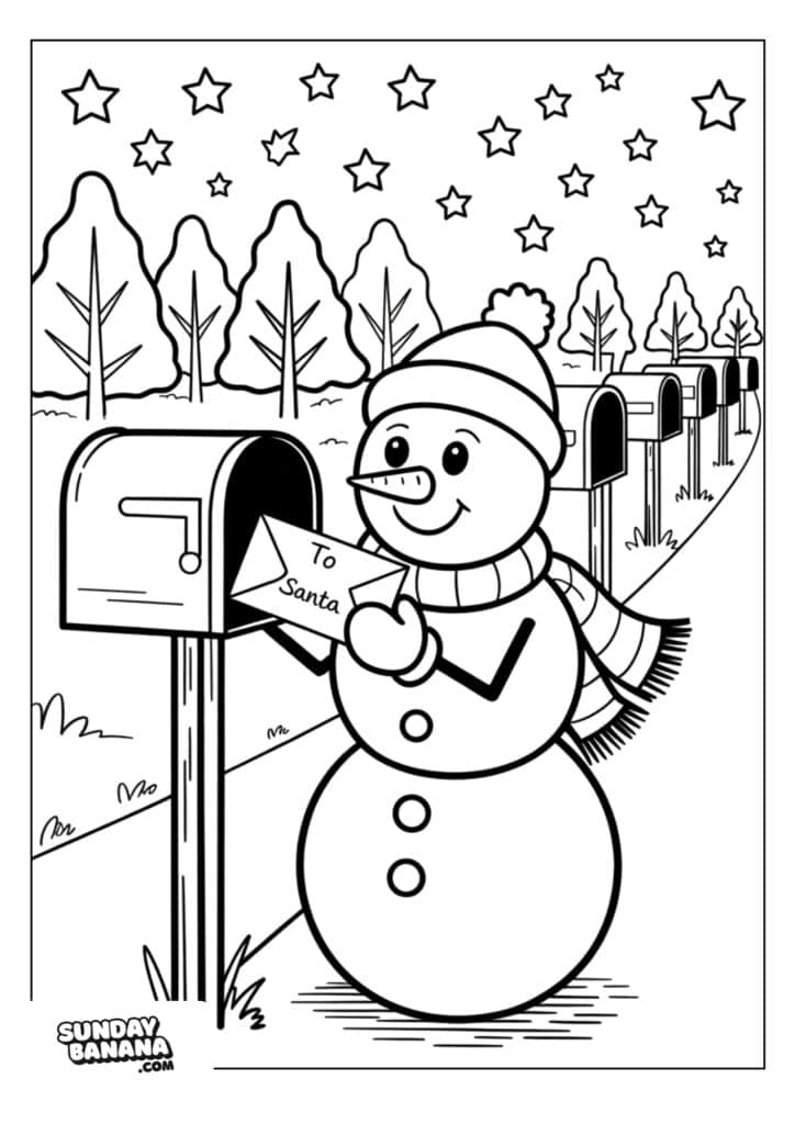 39-christmas-snowman-coloring-page A cheerful snowman wearing a hat and scarf stands beside a mailbox, smiling while holding a letter labeled To Santa. In the background, snowy trees, several mailboxes, and a starry night sky are visible. The scene is outlined for coloring.