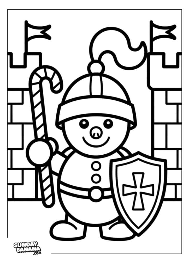 43-christmas-snowman-coloring-page A cartoon knight with a round face smiles, holding a striped candy cane as a sword and a shield with a cross. The knight wears a helmet with a plume, stands in front of two castle towers, and is outlined for coloring.