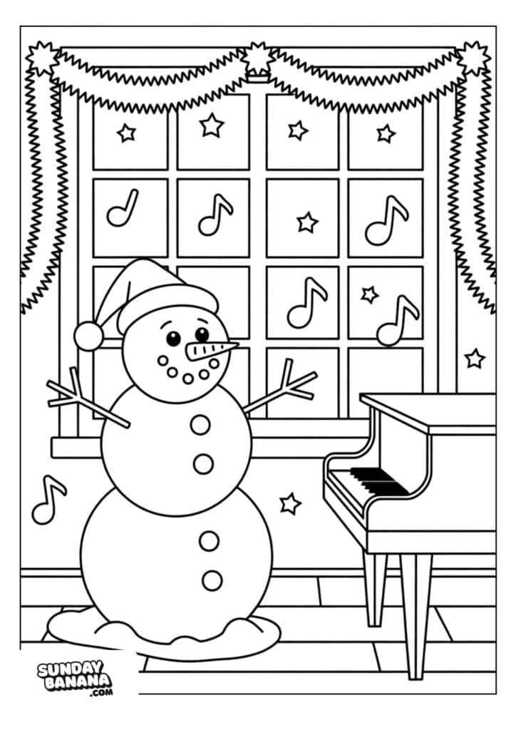 Christmas snowman coloring page with musical notes Santa hat and a piano. Perfect holiday printable for kids' winter and Christmas activities. Cute snowman with scarf and hat, decorated room with musical notes, window, and piano.