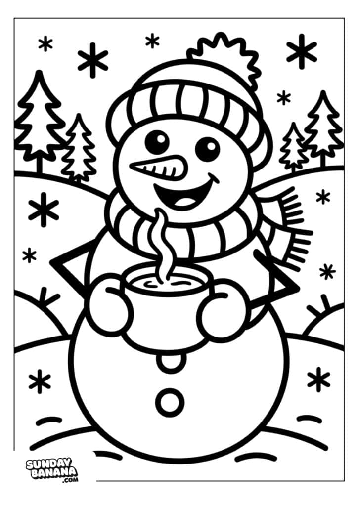 Joyful snowman with a scarf and hat enjoying a hot drink during winter. Perfect for children's winter coloring pages. Colorful winter snowman with scarf, hat, and steaming mug in a snowy landscape, ideal for kids' coloring fun.