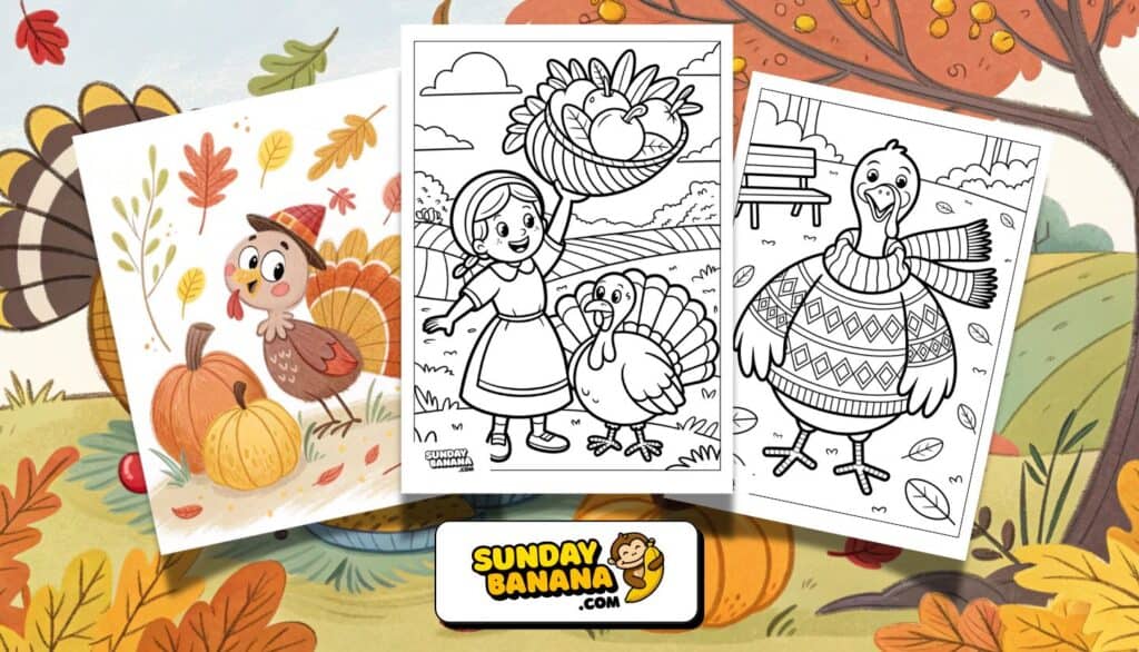 Three Thanksgiving-themed coloring pages: a cute turkey with pumpkins and leaves, a girl holding a basket with a smiling turkey in front of a barn, and a turkey in a sweater and scarf near a bench. Autumn leaves and fields are in the background. “SundayBanana.com” at the bottom.