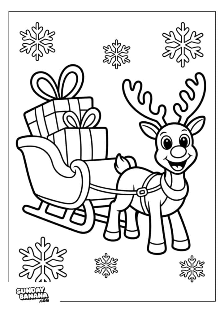 02-christmas-rudolph-coloring-page A smiling reindeer is harnessed to a sleigh filled with wrapped presents and bows. Four large snowflakes surround them. The image is in a simple, cartoon style and designed for coloring. “SundayBanana.com” is written in the bottom left corner.