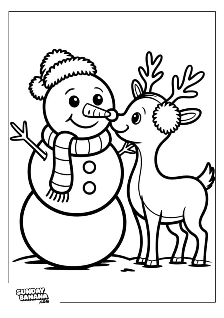 03-christmas-rudolph-coloring-page A smiling snowman wearing a hat and scarf stands beside a cheerful reindeer with antlers and earmuffs. The snowman has two buttons and a carrot nose. Both appear happy, with the reindeer nuzzling the snowman. The scene is outlined for coloring.