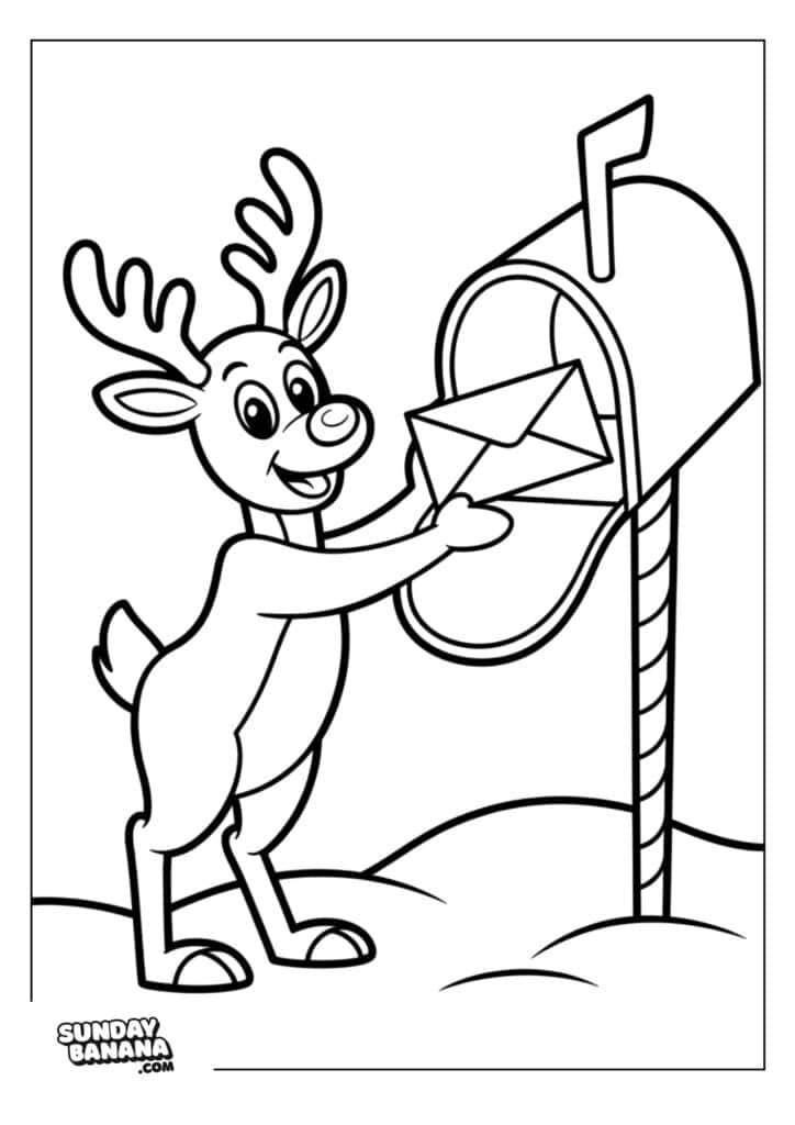 05-christmas-rudolph-coloring-page A smiling cartoon reindeer stands on snowy ground, holding an envelope and placing it into a mailbox with a raised flag. The mailbox is mounted on a striped post. The image is outlined for coloring. Sunday Banana.com is printed in the lower left corner.