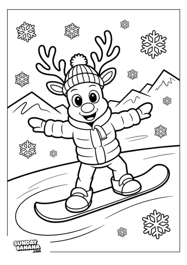 06-christmas-rudolph-coloring-page A cartoon reindeer wearing a beanie, scarf, and puffer jacket is snowboarding down a slope. Snowflakes fall around, and mountains appear in the background. The reindeer has a joyful expression and arms outstretched for balance.