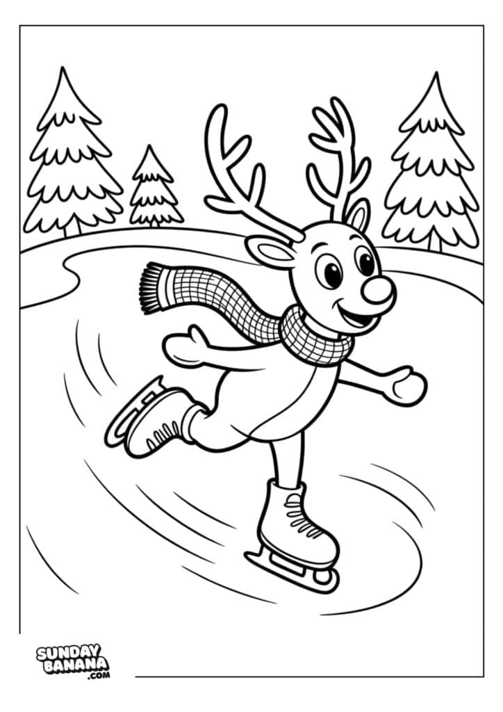 07-christmas-rudolph-coloring-page A cheerful cartoon reindeer wearing a scarf ice skates on a frozen pond. The reindeer has large antlers and a big smile. Snowy pine trees stand in the background. The scene is simple and outlined, intended as a coloring page.