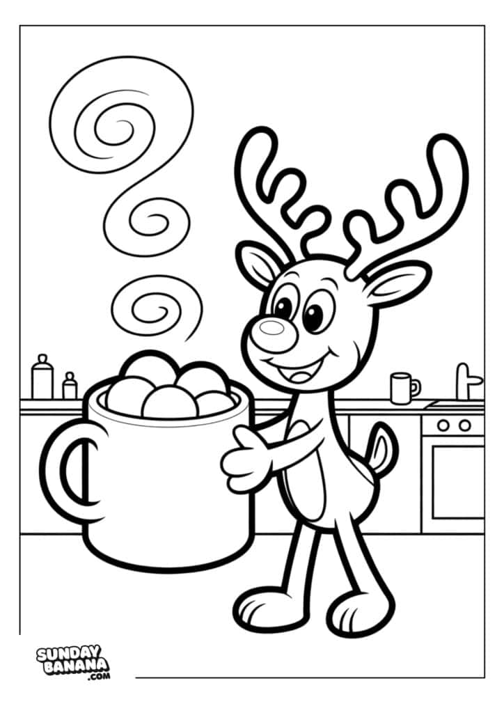 08-christmas-rudolph-coloring-page A cheerful cartoon reindeer stands in a kitchen, smiling and holding a large mug filled with round scoops, possibly ice cream. Swirling steam rises from the mug. Kitchen counters and utensils are visible in the background.