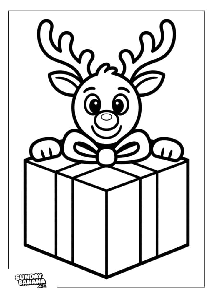 12-christmas-rudolph-coloring-page A cartoon reindeer with large antlers and a big bow around its neck is smiling and holding a large, wrapped gift box. The image is simple, bold, and outlined for coloring. SundayBanana.com is written in the bottom left corner.