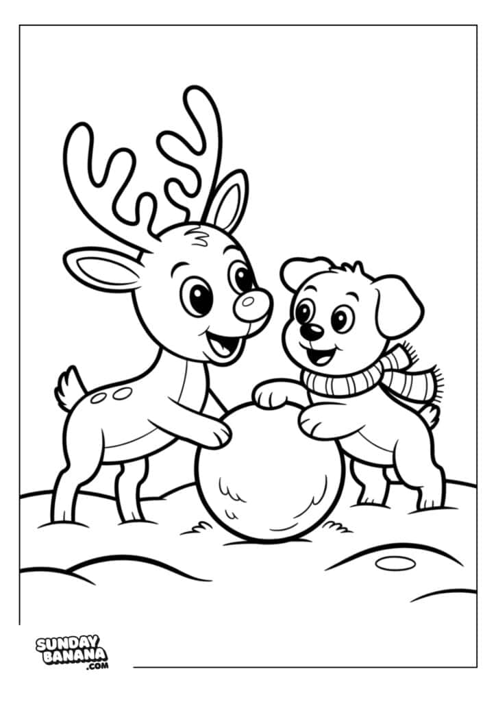 14-christmas-rudolph-coloring-page A cartoon reindeer and a puppy, both smiling, work together to roll a large snowball. The puppy wears a striped scarf. They stand on snowy ground, and the scene is outlined for coloring. The image has a playful, wintry atmosphere.