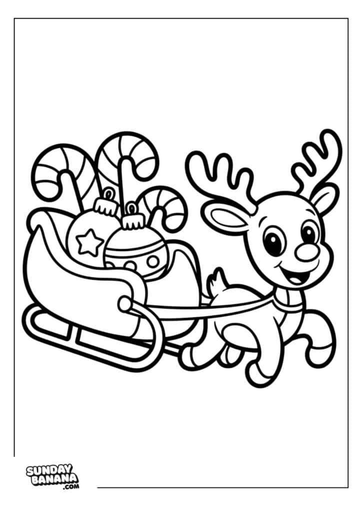 15-christmas-rudolph-coloring-page A cartoon reindeer with antlers and a smiling face pulls a sleigh filled with Christmas ornaments and large candy canes. The illustration is outlined for coloring and includes a SundayBanana.com logo in the bottom left corner.