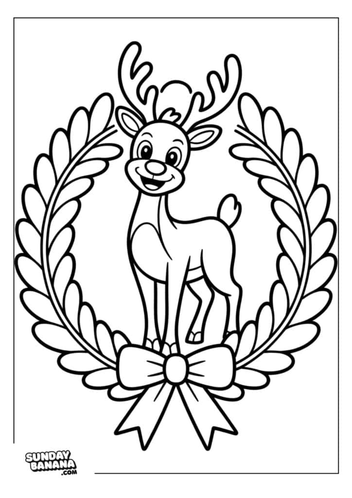 16-christmas-rudolph-coloring-page Black and white coloring page of a smiling reindeer standing inside a laurel wreath with a big bow at the bottom. The design has a festive, holiday feel. There is a small “Sunday Banana” logo in the bottom left corner.