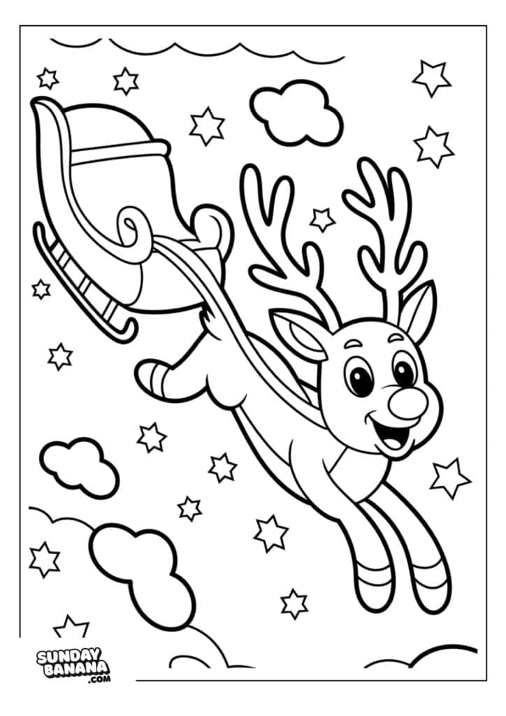 19-christmas-rudolph-coloring-page A cartoon reindeer with antlers is happily pulling a sleigh through a sky filled with stars and clouds. The reindeer looks cheerful. The image is outlined for coloring, with a website credit SUNDAYBANANA.COM in the corner.