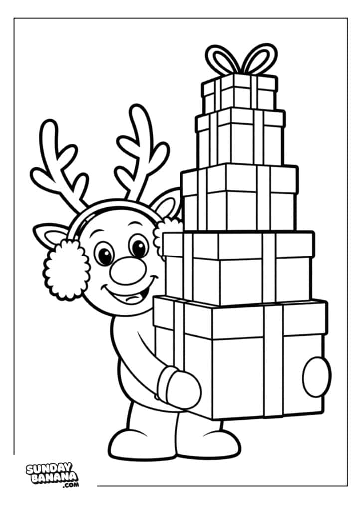 20-christmas-rudolph-coloring-page A smiling cartoon reindeer wearing earmuffs stands holding a tall stack of wrapped presents with bows. The reindeer has big eyes, antlers, and a round nose. The gifts are stacked high, each box in different sizes. The background is blank.