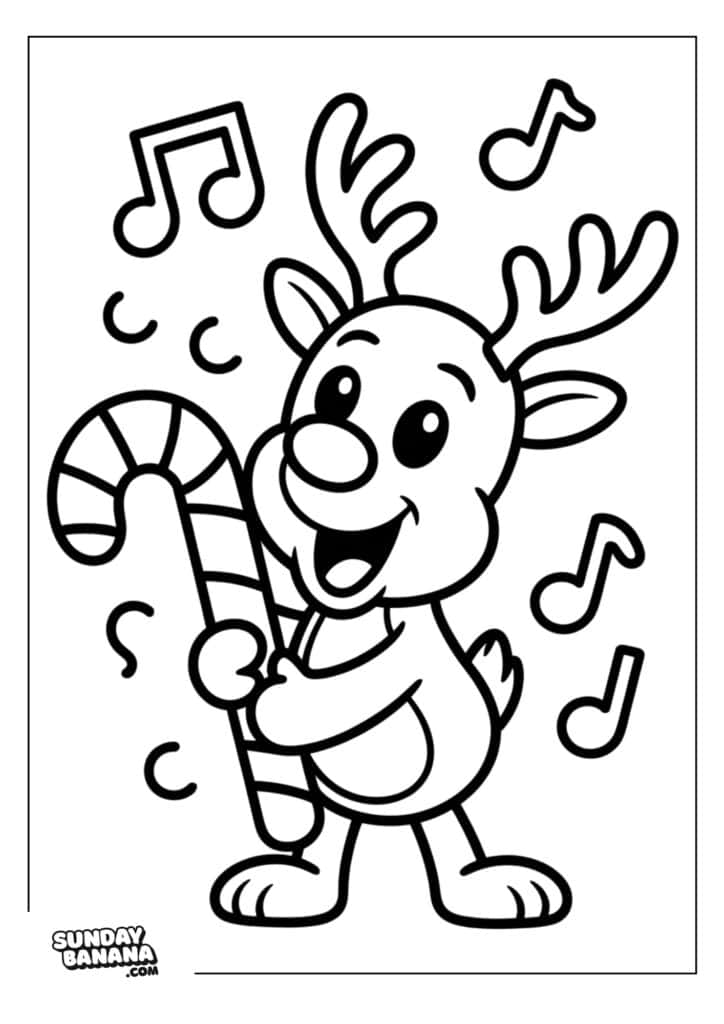 21-christmas-rudolph-coloring-page Cartoon reindeer with large antlers smiling and holding a striped candy cane. Musical notes surround the reindeer, suggesting it is singing or enjoying music. The image is designed as a coloring page with bold outlines.