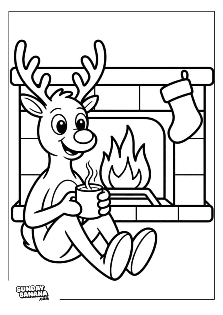 22-christmas-rudolph-coloring-page A cartoon reindeer sits by a fireplace, smiling and holding a steaming mug. A single Christmas stocking hangs on the fireplace. Flames flicker inside, creating a cozy holiday scene. The image is outlined for coloring and includes the “SundayBanana.com” logo.