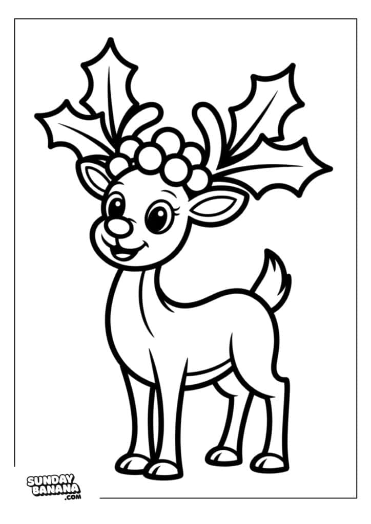 23-christmas-rudolph-coloring-page A cartoon reindeer stands smiling, with large eyes and a tufted tail. Holly leaves and berries decorate its antlers. The style is outlined for coloring, with the copyright SundayBanana.com in the lower left corner. The background is plain white.