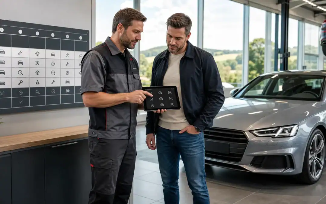Two men discussing car service options at Supreme Automotive dealership.