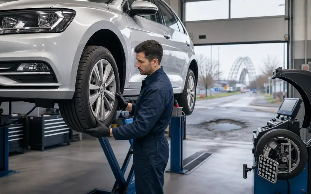 Technician inspecting a silver car on a hydraulic lift at Supreme Automotive.