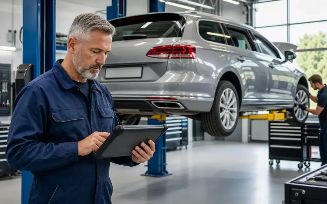 Technicians inspecting a luxury car in a modern auto repair shop.