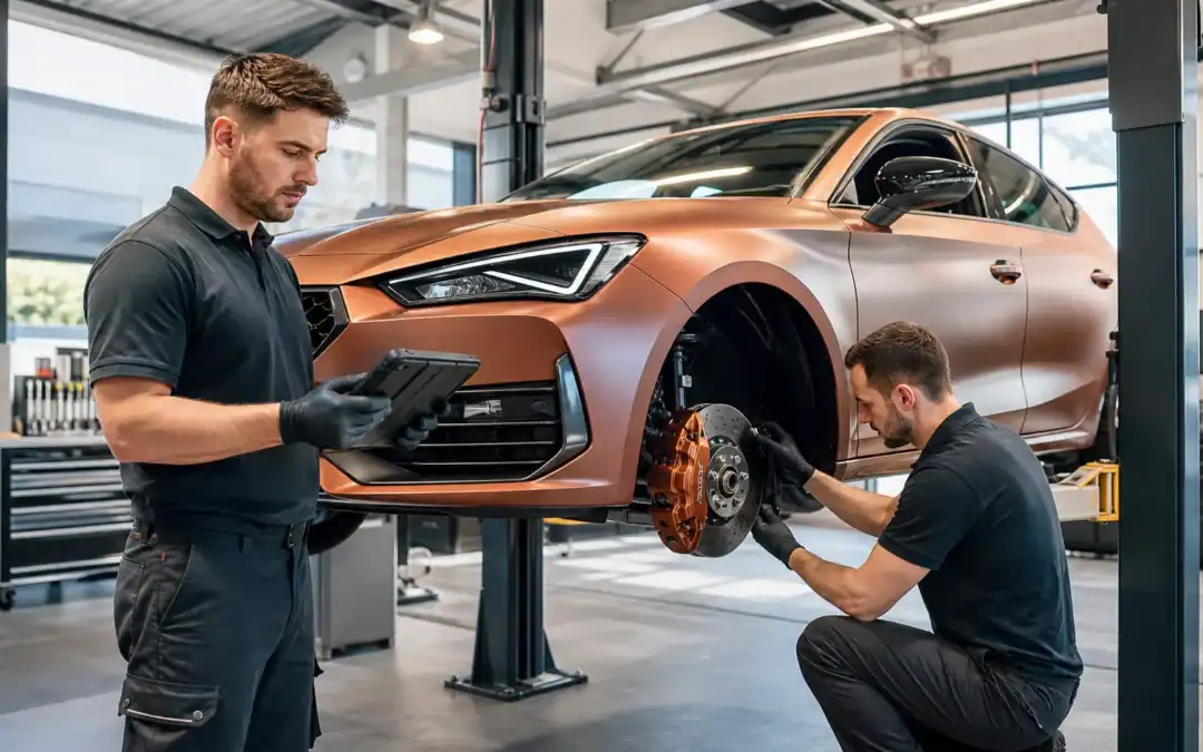 Technicians working on a copper-colored car in a modern workshop.