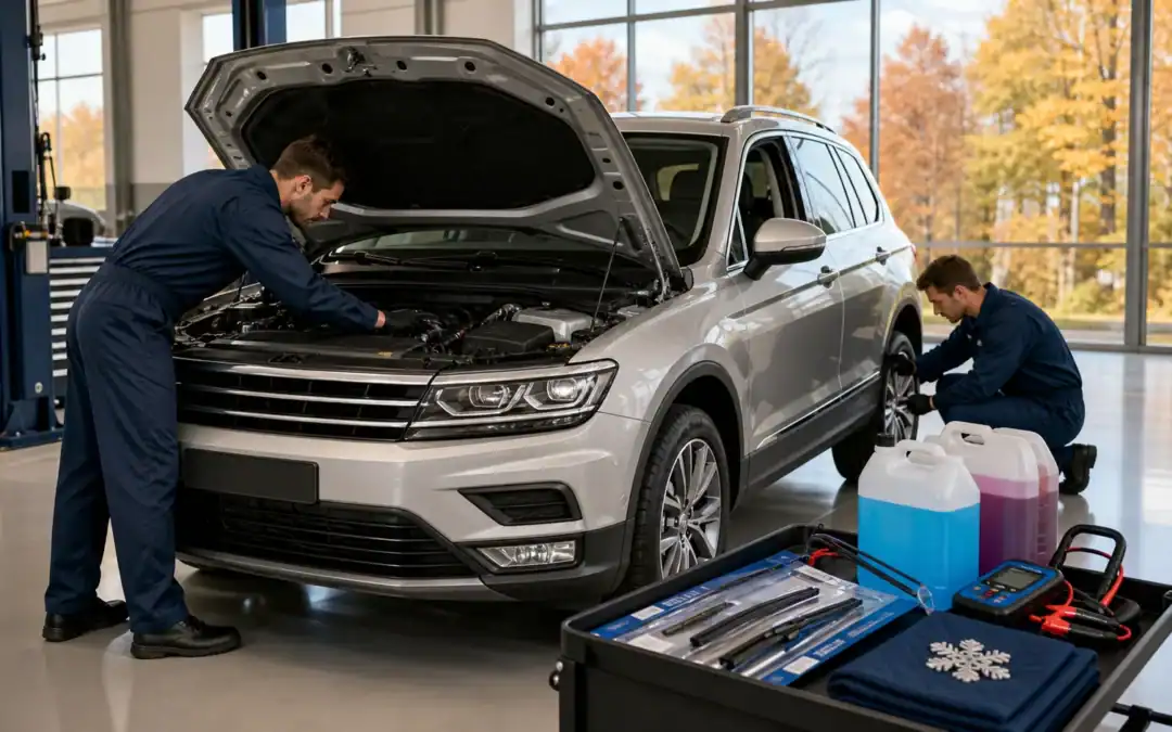 Technicians inspecting and repairing a silver SUV at Supreme Automotive workshop.