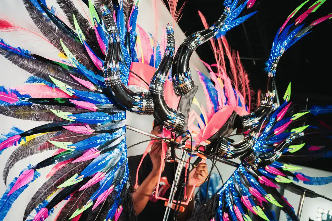 Vibrant feather costume with LED lights, showcasing colorful neon accents and intricate design, perfect for performances, festivals, or themed events.
