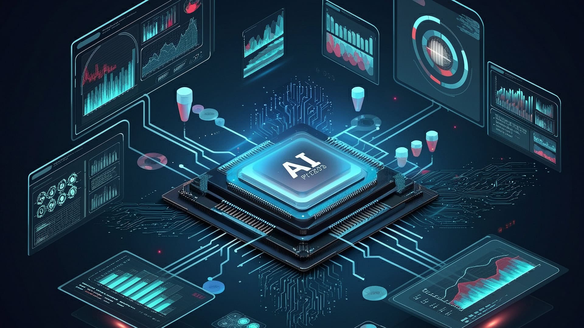 AI technology microchip with data analytics interface for digital innovation and cybersecurity.