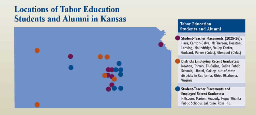 A map that shows where recent Tabor graduates or students have student taught or are teaching now