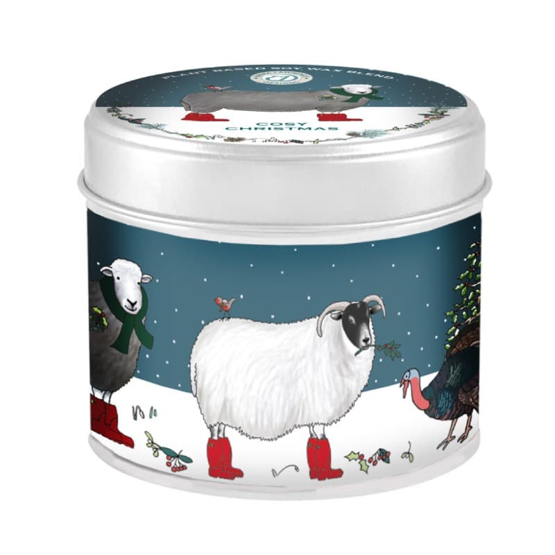 Vegan kerstkaars Cosy Christmas illustratie van Emma Lawrence The Country Candle Company