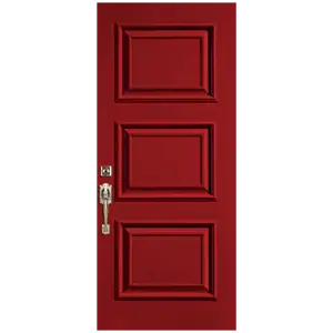 Red exterior door with decorative panels and silver handle, ideal for residential or commercial entr.