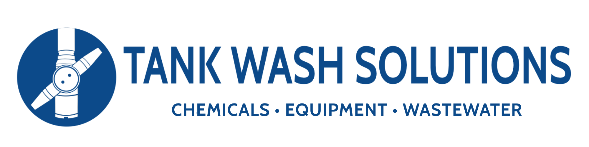 Logo with a blue graphic of a tank spray nozzle and bold text reading “Tank Wash Solutions: Chemicals • Equipment • Wastewater.”.