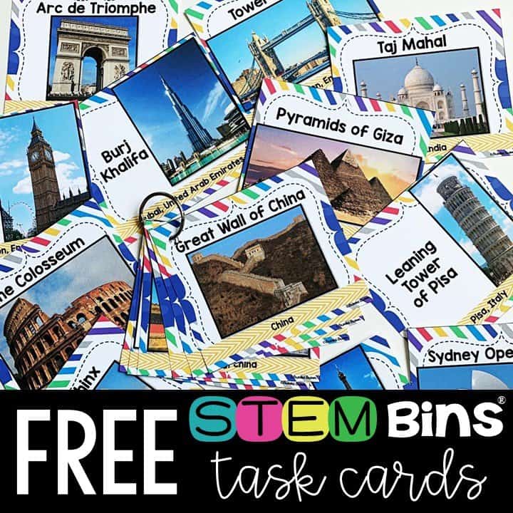 Free STEM Bins landmark task cards
