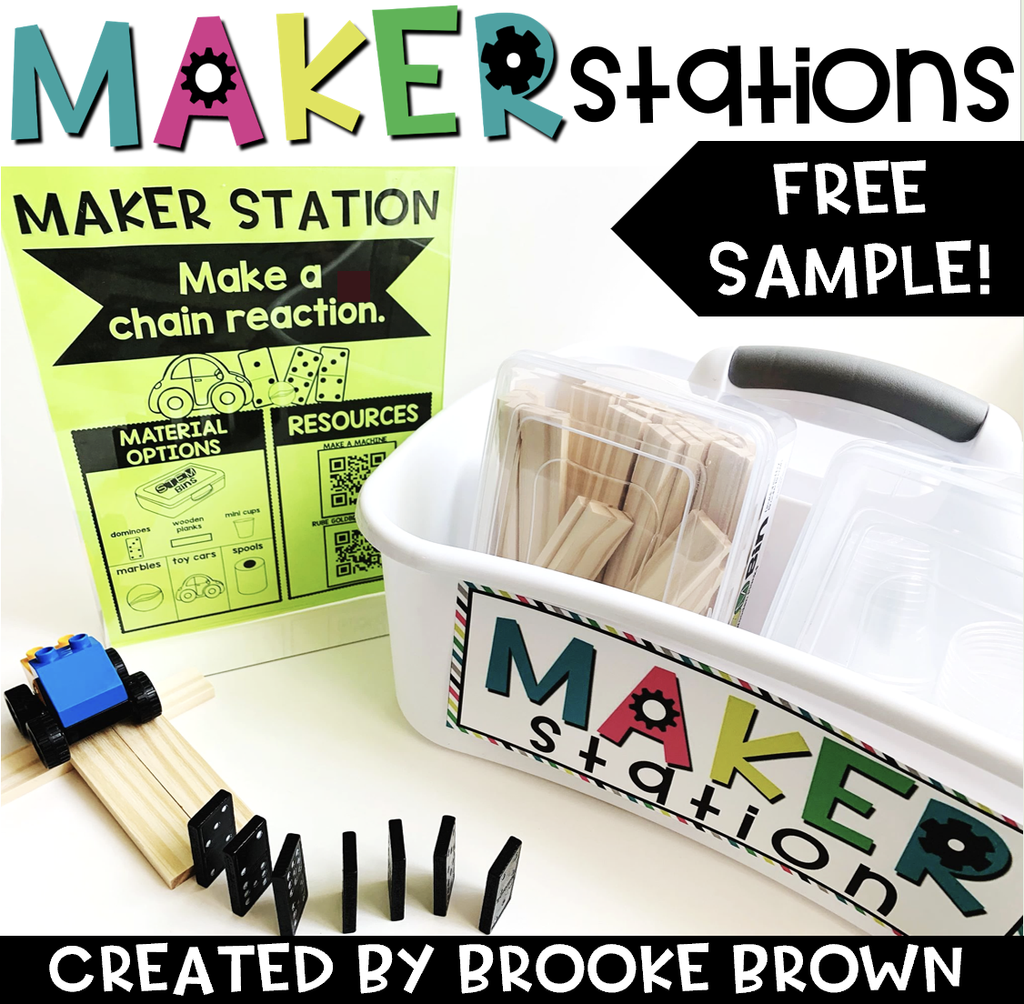 Free Maker Stations sample: a Maker Station sign next to a bin of building materials