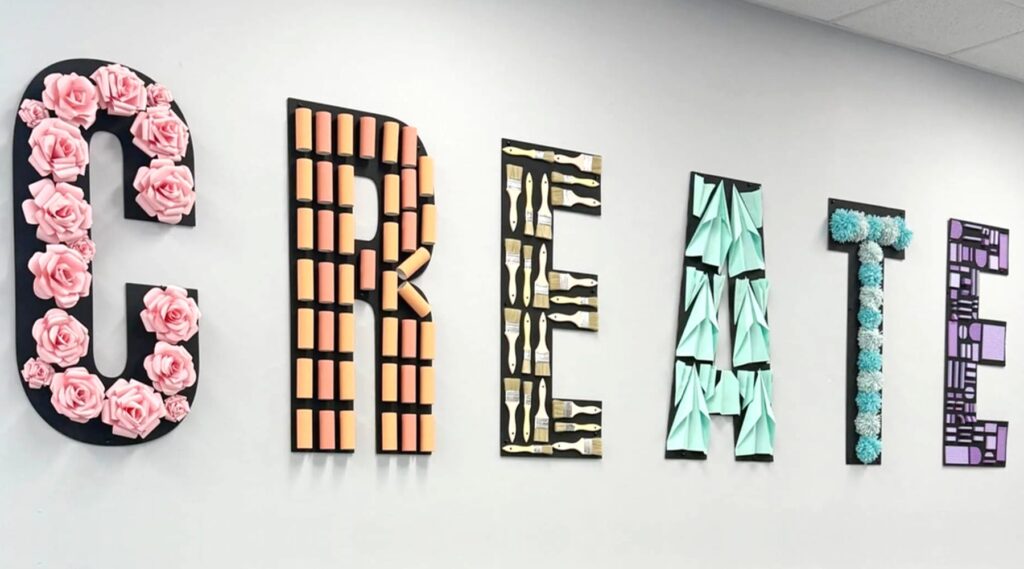 CREATE wall letters made from paper roses, paint rollers, paintbrushes, paper airplanes, pom-poms, and shapes in Brooke Brown's Makerspace