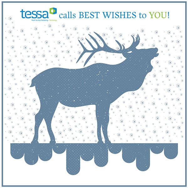 Reindeer holiday greeting card with snow and festive design.