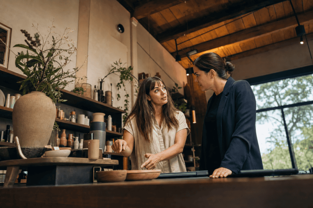 Two women having a conversation in a stylish cafe with plants and wooden decor.