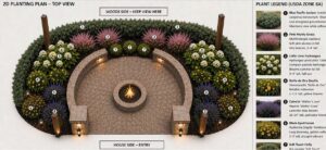 3D rendering of landscape design sketch including retaining and seat wall, stone columns, circular paver patio, and plants and landscape lighting