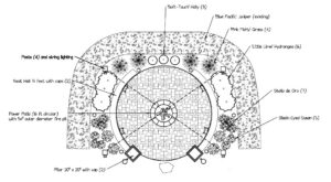 landscape design sketch including circular paver patio with Weston fire pit and landscape lighting and plant design and stone columns drawn by TGP Lawn and Landscape in Gastonia NC