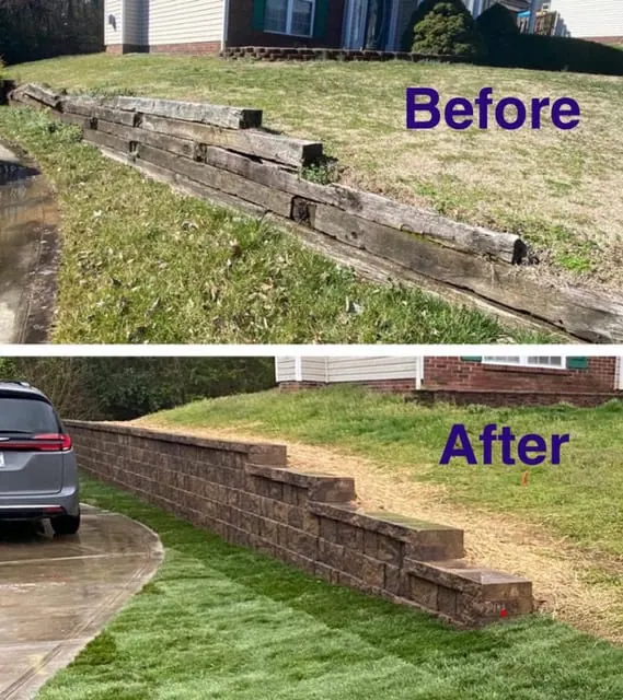 Before and after retaining wall replacement project in Mount Holly NC showing failing timber wall replaced with segmental block retaining wall and proper drainage installation by TGP Lawn and Landscape