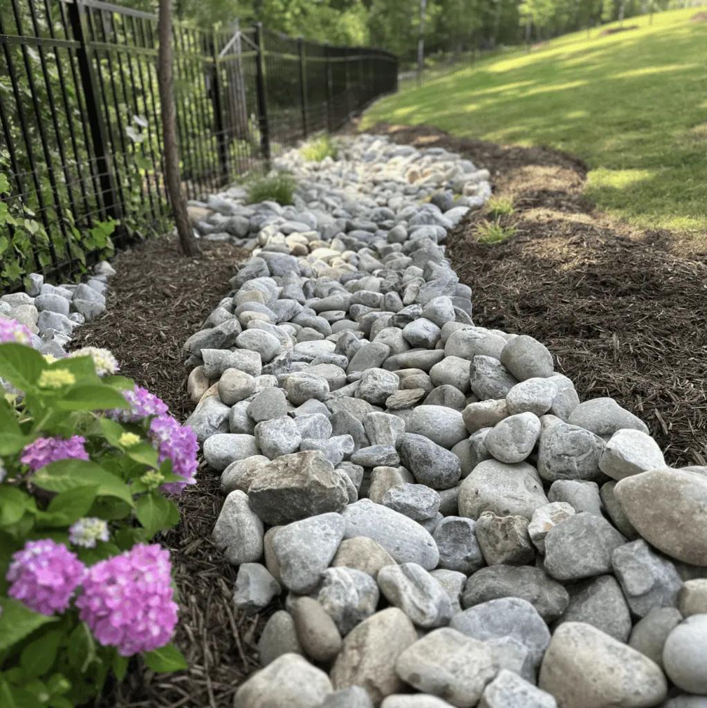 Dry creek bed with decorative river rock, mulch, and landscape plantings installed in a Belmont, NC backyard to improve drainage and enhance curb appeal.