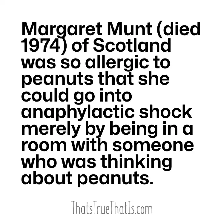 Margaret Munt (died 1974) of Scotland was so allergic to peanuts that she could go into anaphylactic shock merely by being in a room with someone who was thinking about peanuts.