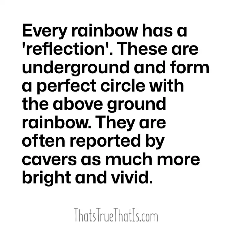 Every rainbow has a 'reflection'. These are underground and form a perfect circle with the above ground rainbow. They are often reported by cavers as much more bright and vivid.