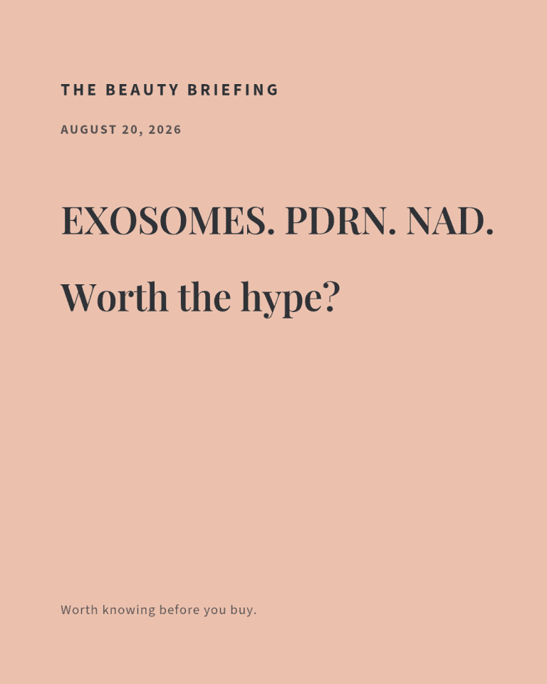Close-up of skincare products with exosomes, PDRN, and NAD labels.