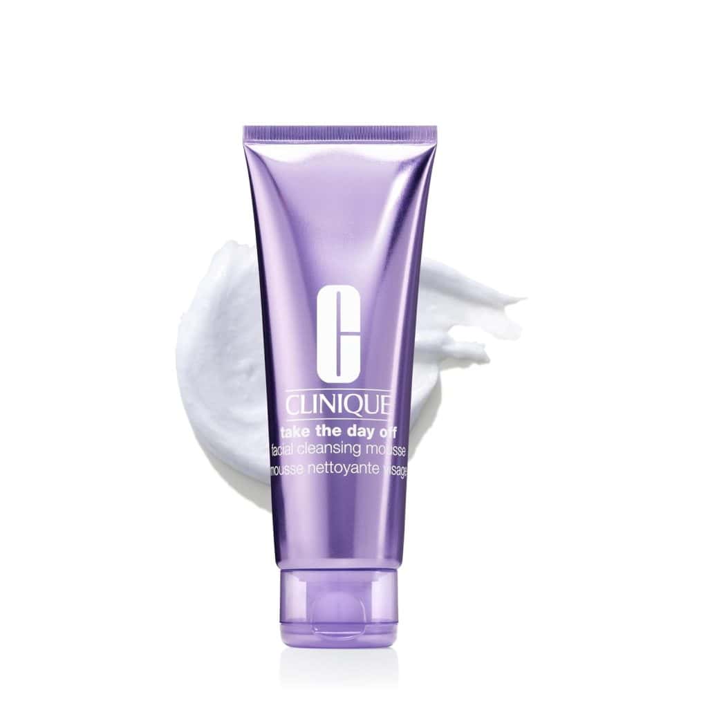 Clinique Take The Day Off™ Facial Cleansing Mousse 2 Clinique facial cleansing mousse in purple tube with white cream background.
