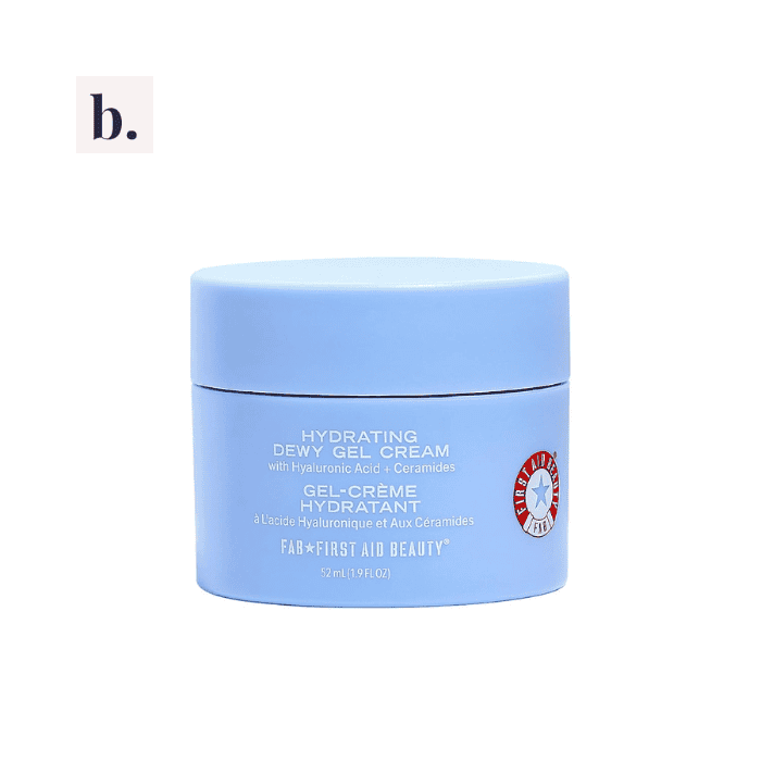 First Aid Beauty Hydrating Dewy Gel Cream Moisturizer 2 Hydrating gel cream with hyaluronic acid and ceramides in a blue jar.