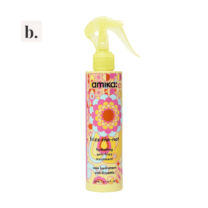 amika Frizz-Me-Not Hydrating Anti-Frizz Treatment 2 Amika Frizz-Me-Not Hydrating Anti-Frizz Treatment spray bottle with colorful floral design.